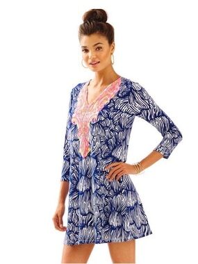 Lilly Pulitzer tunic dress features a vibrant pink and gold embroidered neckline